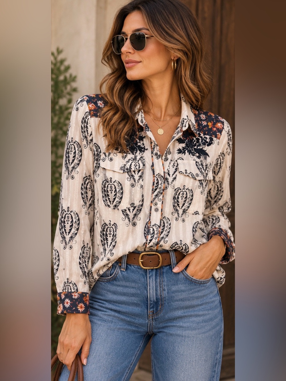 Sundance Embroidered Paisley Floral Button Down Shirt Boho Western Medium